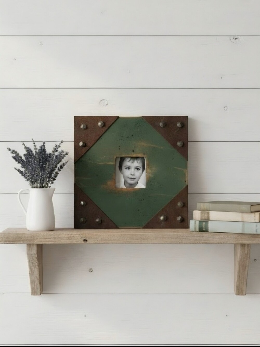 Vintage Rustic Painted Green Distressed Wood Picture Frame with Metal Accents